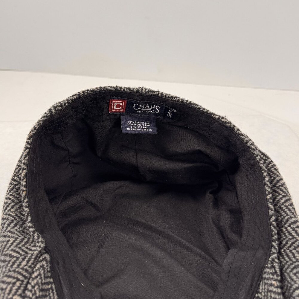 Chaps Mens Herringbone Flat Cap Newsboy Hat Wool Polyester Black Gray S/M - Picture 8 of 8